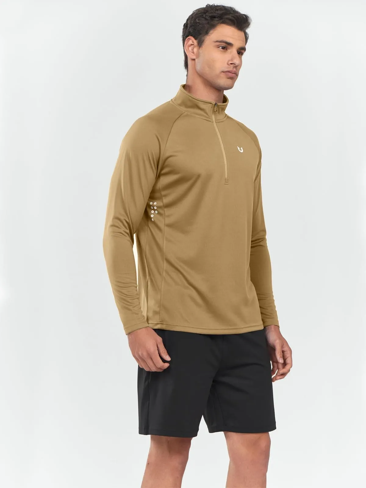 NORTHYARD Men's Running Shirt Long Sleeve Quarter Zip Pullover Moisture Wicking Quick Dry Athletic Workout Shirts Khaki