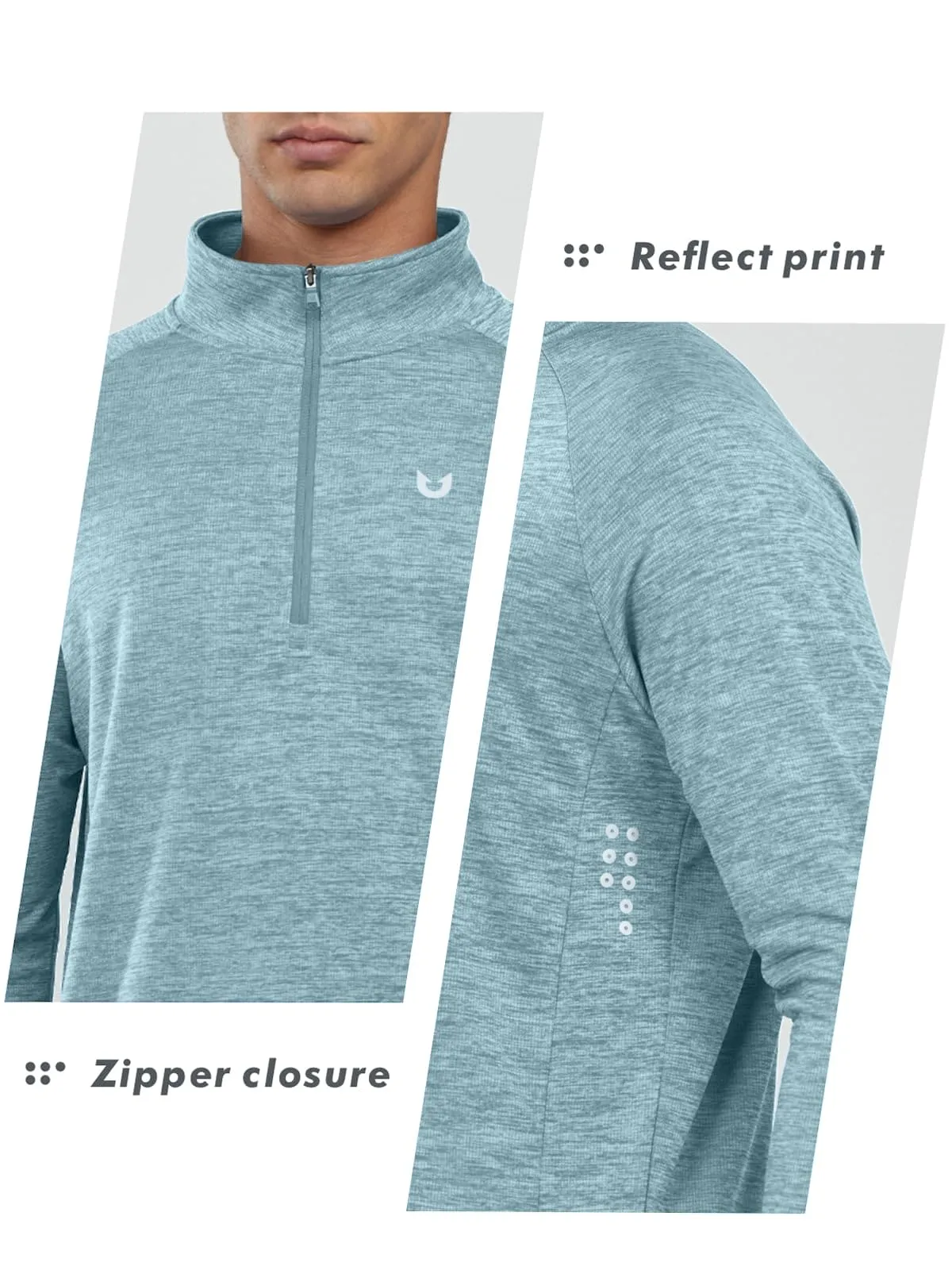 NORTHYARD Men's Running Shirt Long Sleeve Quarter Zip Pullover Moisture Wicking Quick Dry Athletic Workout Shirts Lightcyanheather