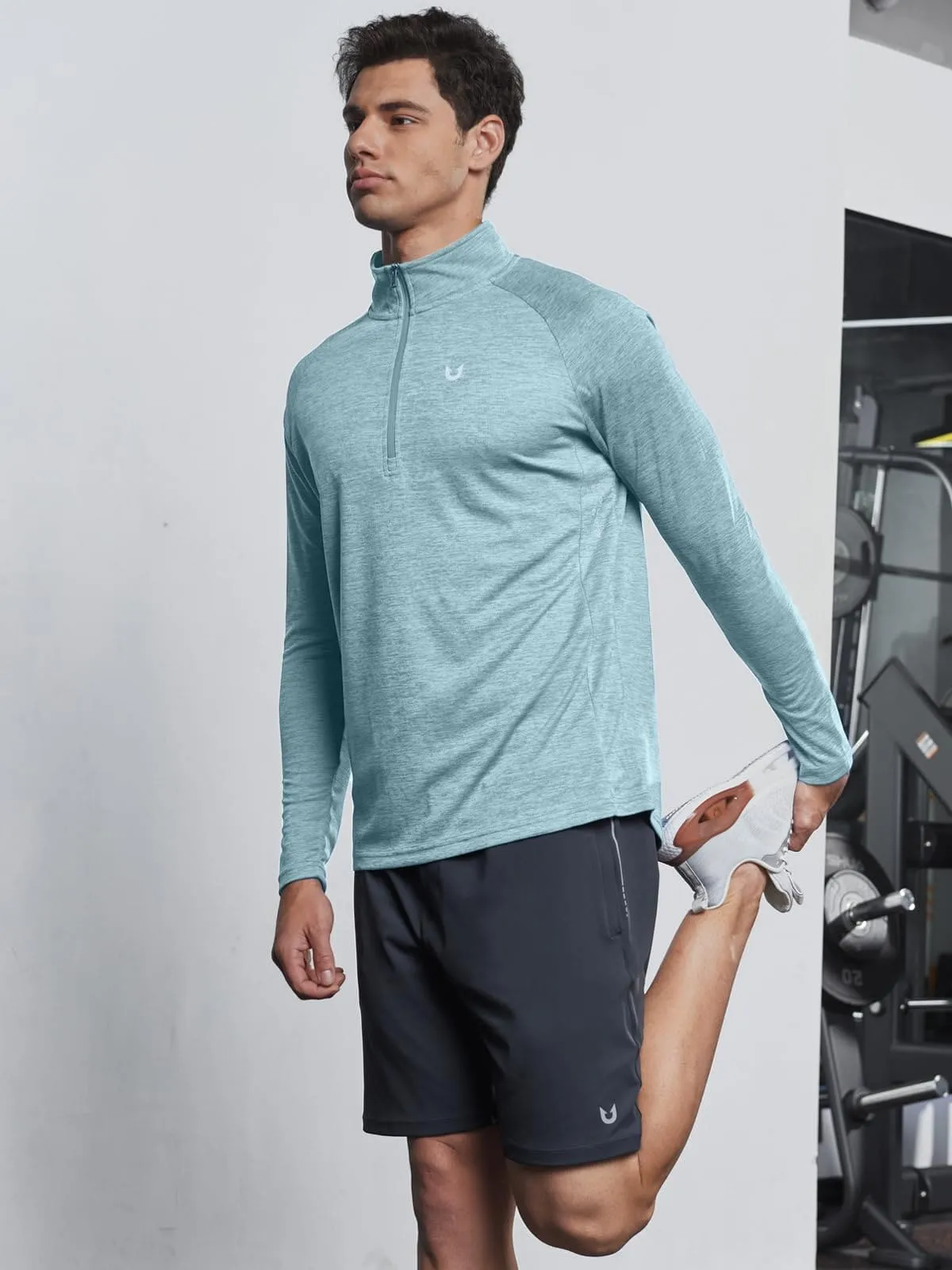 NORTHYARD Men's Running Shirt Long Sleeve Quarter Zip Pullover Moisture Wicking Quick Dry Athletic Workout Shirts Lightcyanheather