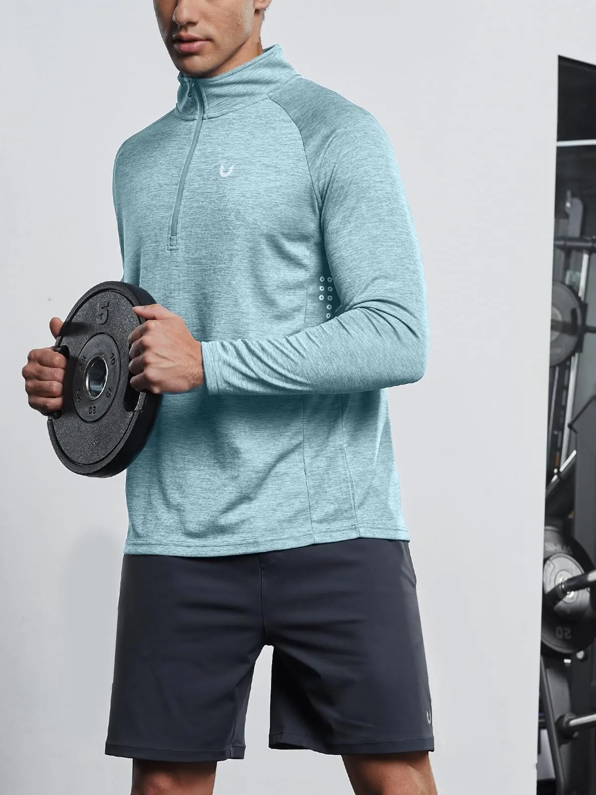 NORTHYARD Men's Running Shirt Long Sleeve Quarter Zip Pullover Moisture Wicking Quick Dry Athletic Workout Shirts Lightcyanheather