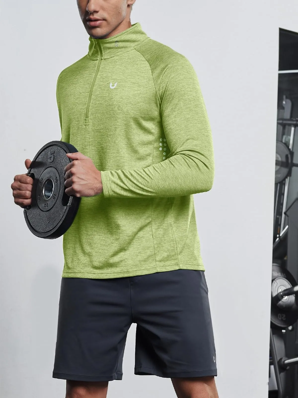 NORTHYARD Men's Running Shirt Long Sleeve Quarter Zip Pullover Moisture Wicking Quick Dry Athletic Workout Shirts LIGHTGREENHEATHER
