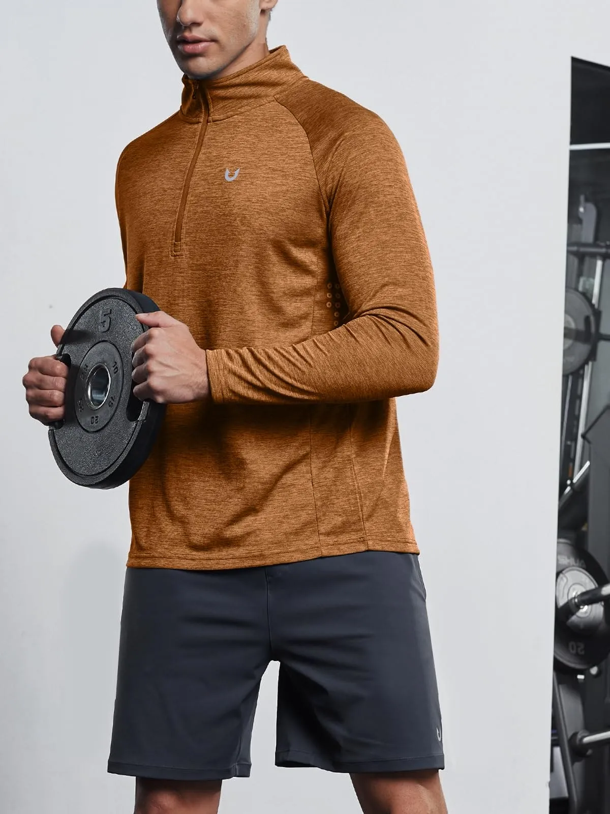 NORTHYARD Men's Running Shirt Long Sleeve Quarter Zip Pullover Moisture Wicking Quick Dry Athletic Workout Shirts ORANGEHEATHER