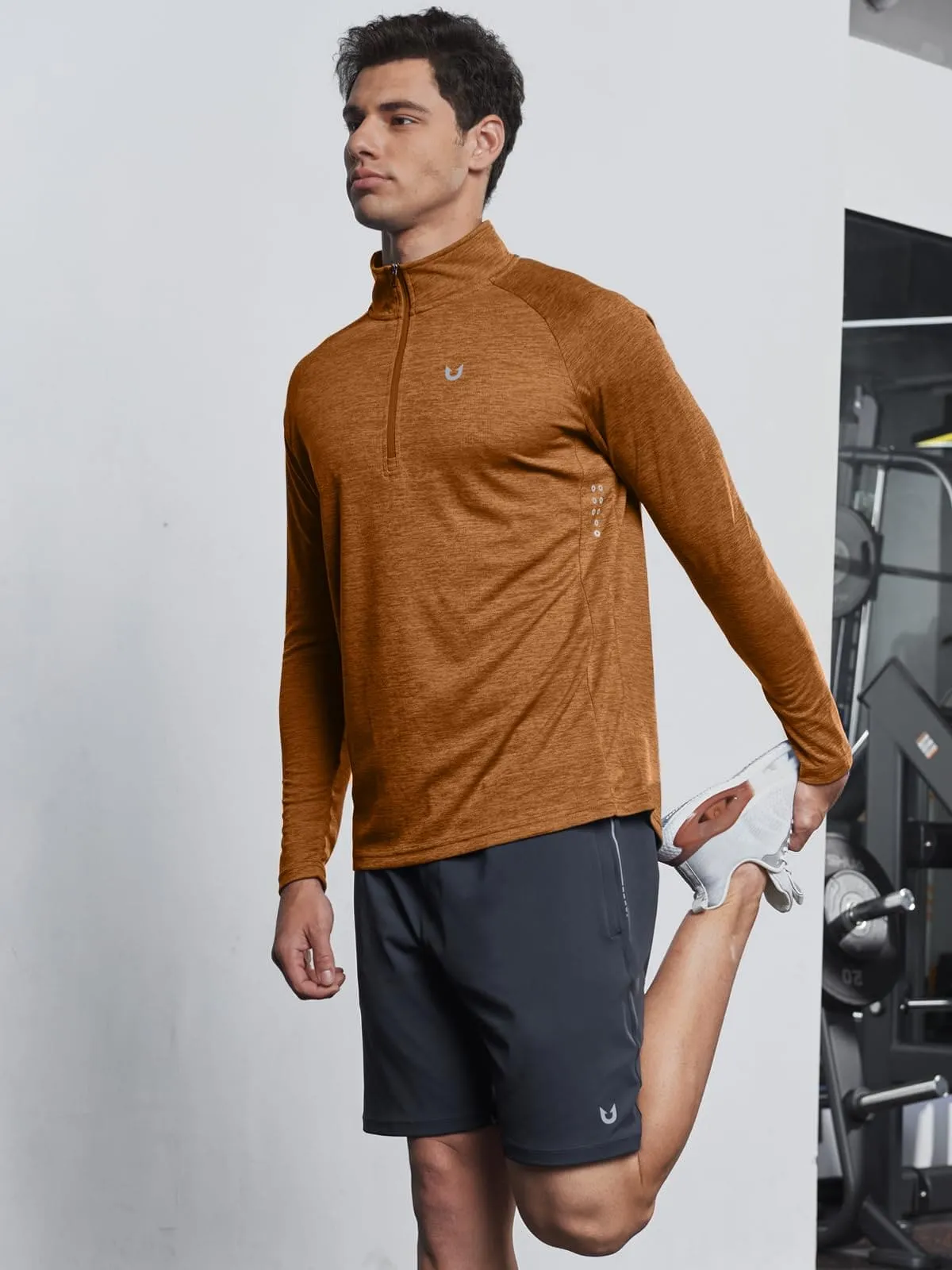NORTHYARD Men's Running Shirt Long Sleeve Quarter Zip Pullover Moisture Wicking Quick Dry Athletic Workout Shirts ORANGEHEATHER