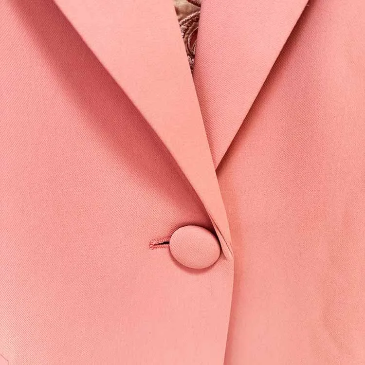 One Button Coral Pantsuit Back Hollow Out Embroidered Formal Suit