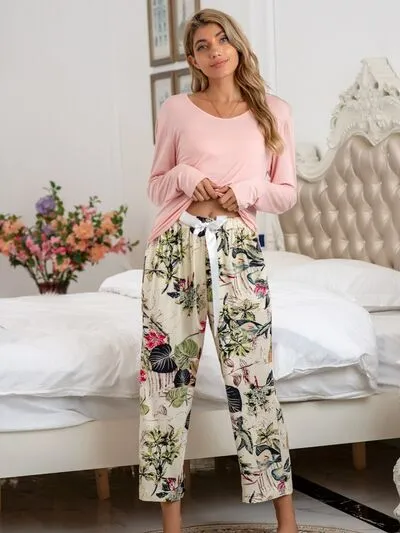 Pajamas Round Neck Top and Printed Pants Lounge Set S-XL