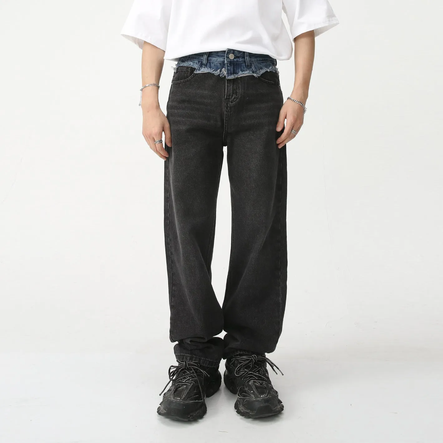Paneled straight-leg loose-fit denim trousers