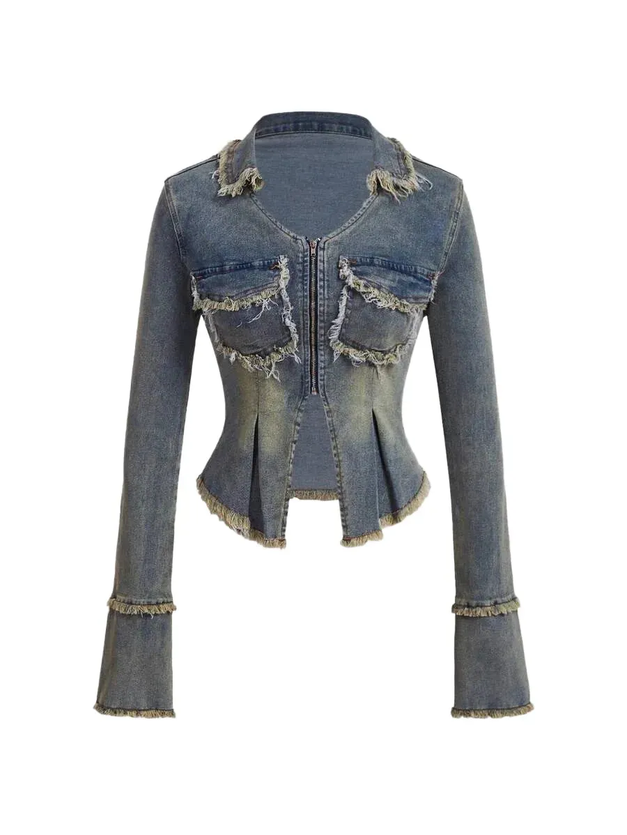 Pellegrina Denim Jacket with Fringe Detailing in Blue