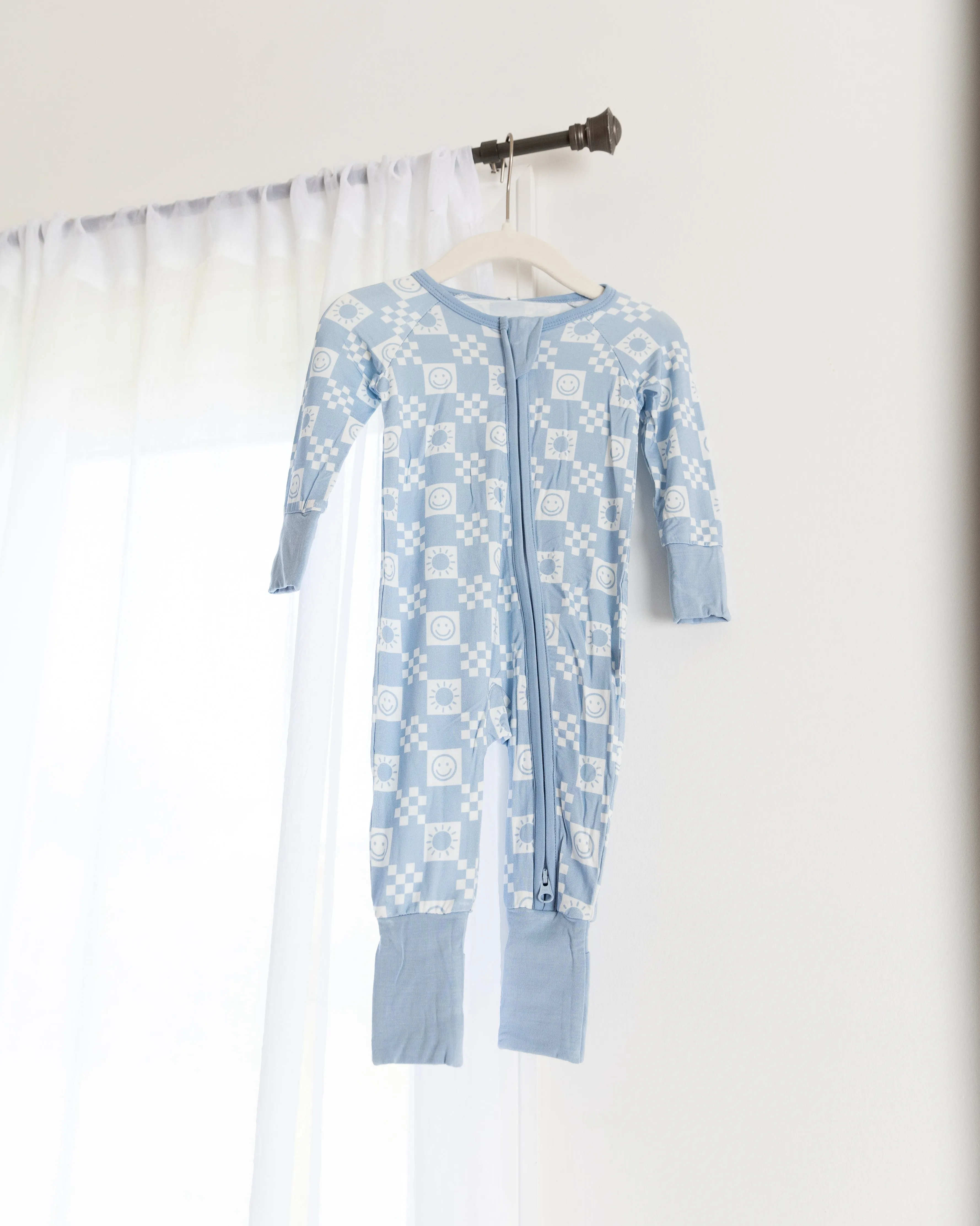Powder Blue Checks Convertible Romper Pajamas