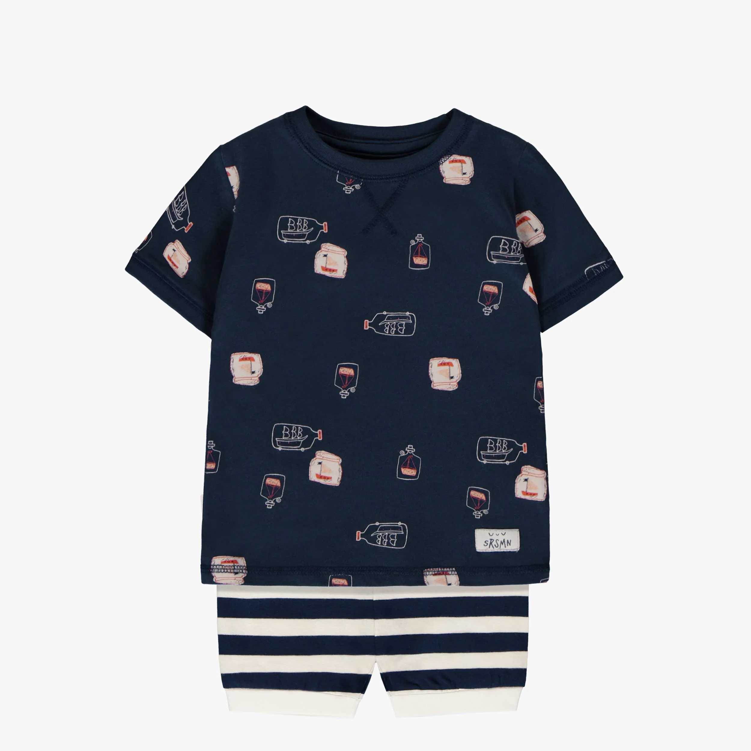 Pyjama deux pièces marine avec motif de bateaux dans une bouteille en doux coton, bébé.  || Two-piece navy pyjamas with ship-in-a-bottle all over print in soft cotton bottle, baby.