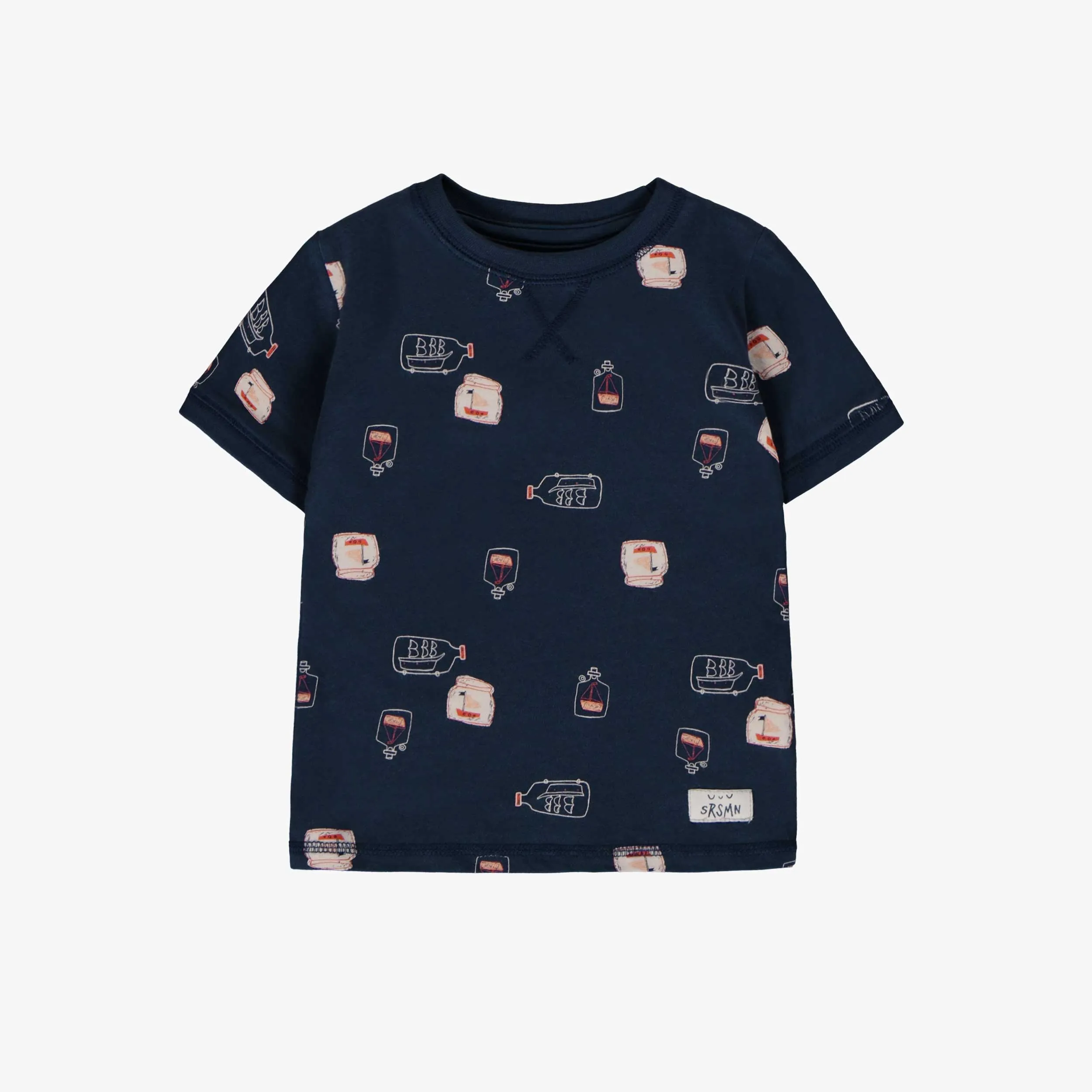 Pyjama deux pièces marine avec motif de bateaux dans une bouteille en doux coton, bébé.  || Two-piece navy pyjamas with ship-in-a-bottle all over print in soft cotton bottle, baby.