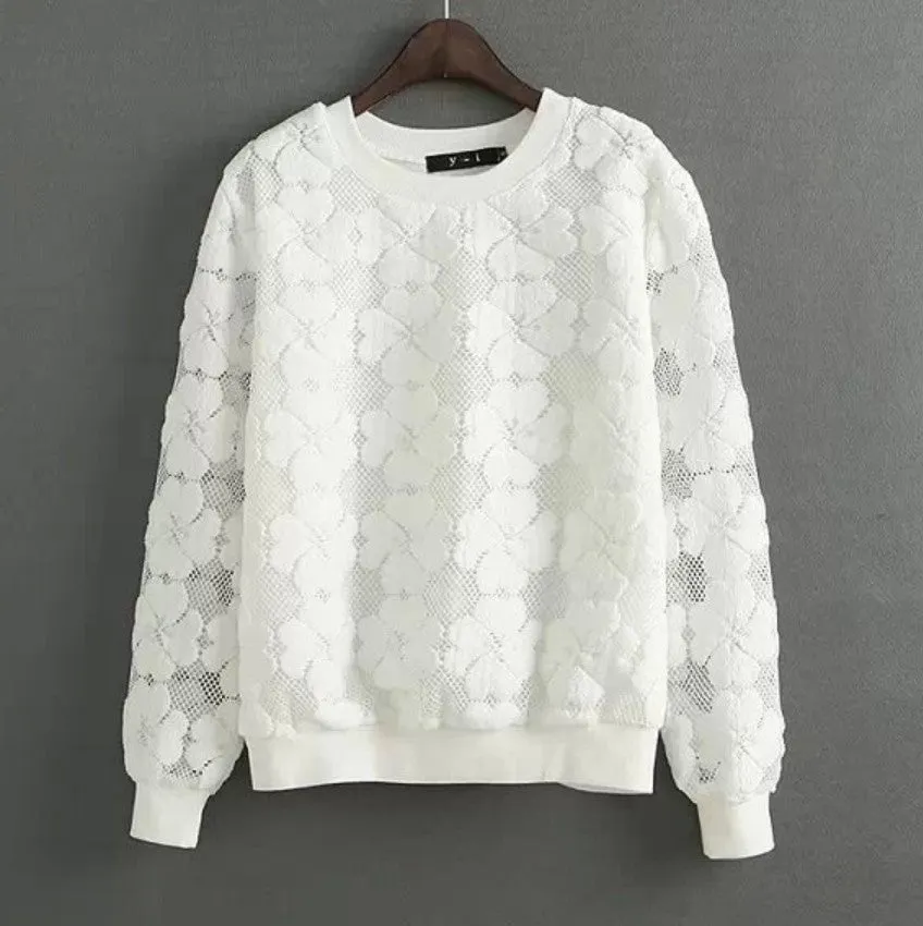 Round Neck Hedging Sweatshirt Women Lace Hollow Out Female Hoodies All-Match Bottoming