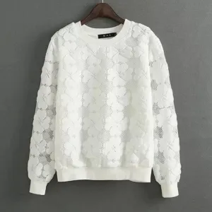 Round Neck Hedging Sweatshirt Women Lace Hollow Out Female Hoodies All-Match Bottoming