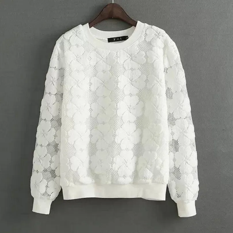 Round Neck Hedging Sweatshirt Women Lace Hollow Out Female Hoodies All-Match Bottoming