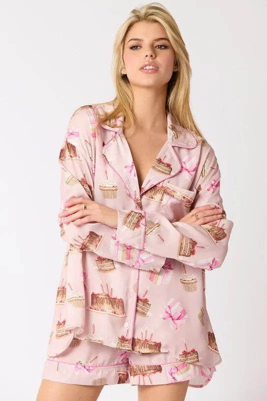 Satin Birthday Cake Printed Pajama Shorts