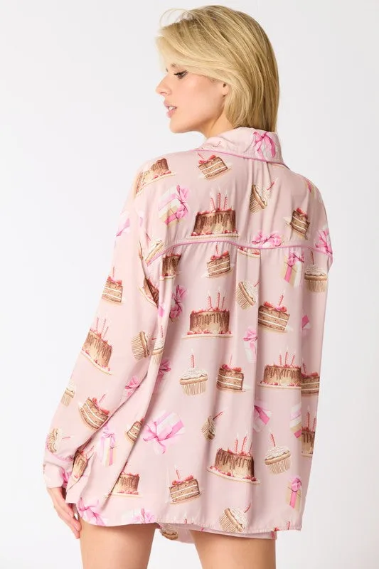 Satin Birthday Cake Printed Pajama Shorts