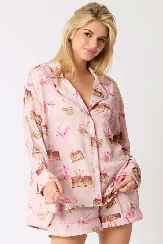 Satin Birthday Cake Printed Pajama Shorts
