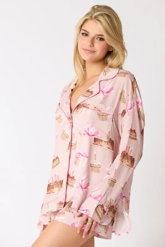 Satin Birthday Cake Printed Pajama Shorts