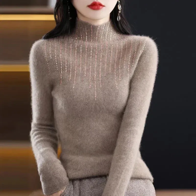 Shiny Crystal Turtle Neck Sweater Women Autumn Winter Long Sleeve Warm Jumper Woman Fashion Knitted Pullover Tops Ladies