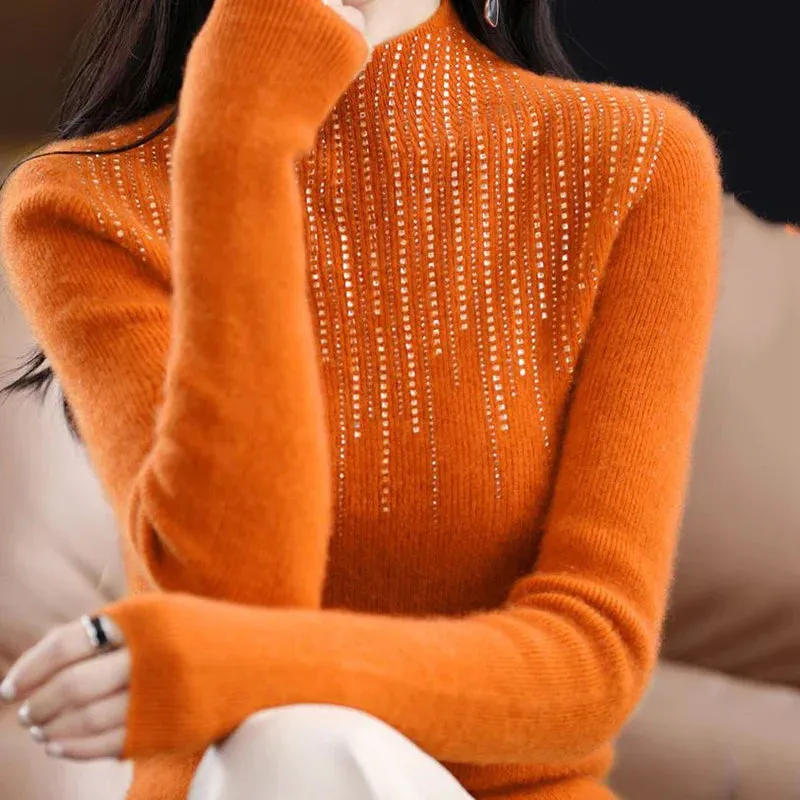 Shiny Crystal Turtle Neck Sweater Women Autumn Winter Long Sleeve Warm Jumper Woman Fashion Knitted Pullover Tops Ladies
