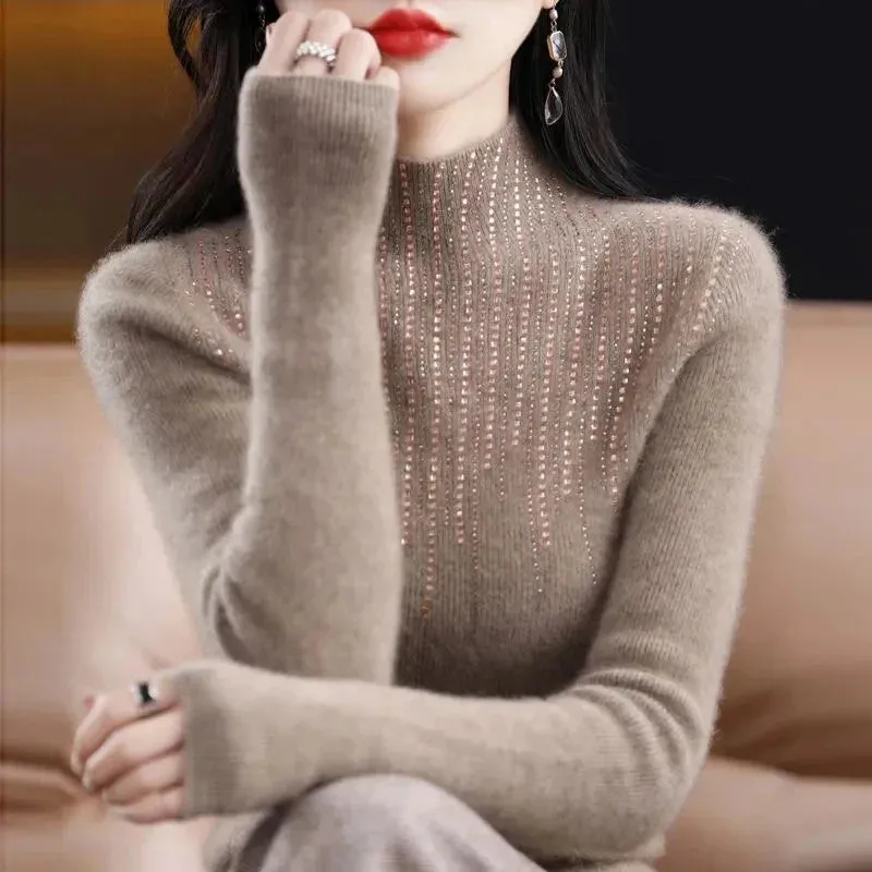 Shiny Crystal Turtle Neck Sweater Women Autumn Winter Long Sleeve Warm Jumper Woman Fashion Knitted Pullover Tops Ladies