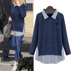 Shirt Pullovers Patchwork Casual Oversize Jumper Knitwear Polo Knitted Pullovers Blouse MY055