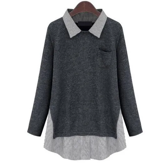 Shirt Pullovers Patchwork Casual Oversize Jumper Knitwear Polo Knitted Pullovers Blouse MY055
