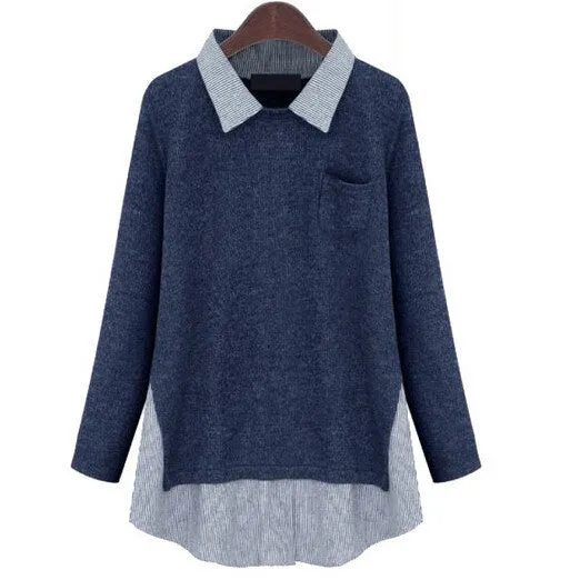 Shirt Pullovers Patchwork Casual Oversize Jumper Knitwear Polo Knitted Pullovers Blouse MY055
