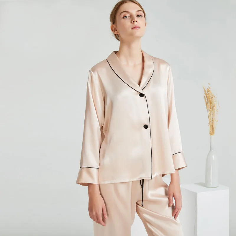 Silk Pajamas Long Sleeve Pants Set Green Fruit Collar Girl