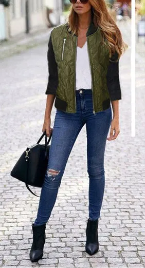 Solid Color Fashion Zipper Quilted Jacket
