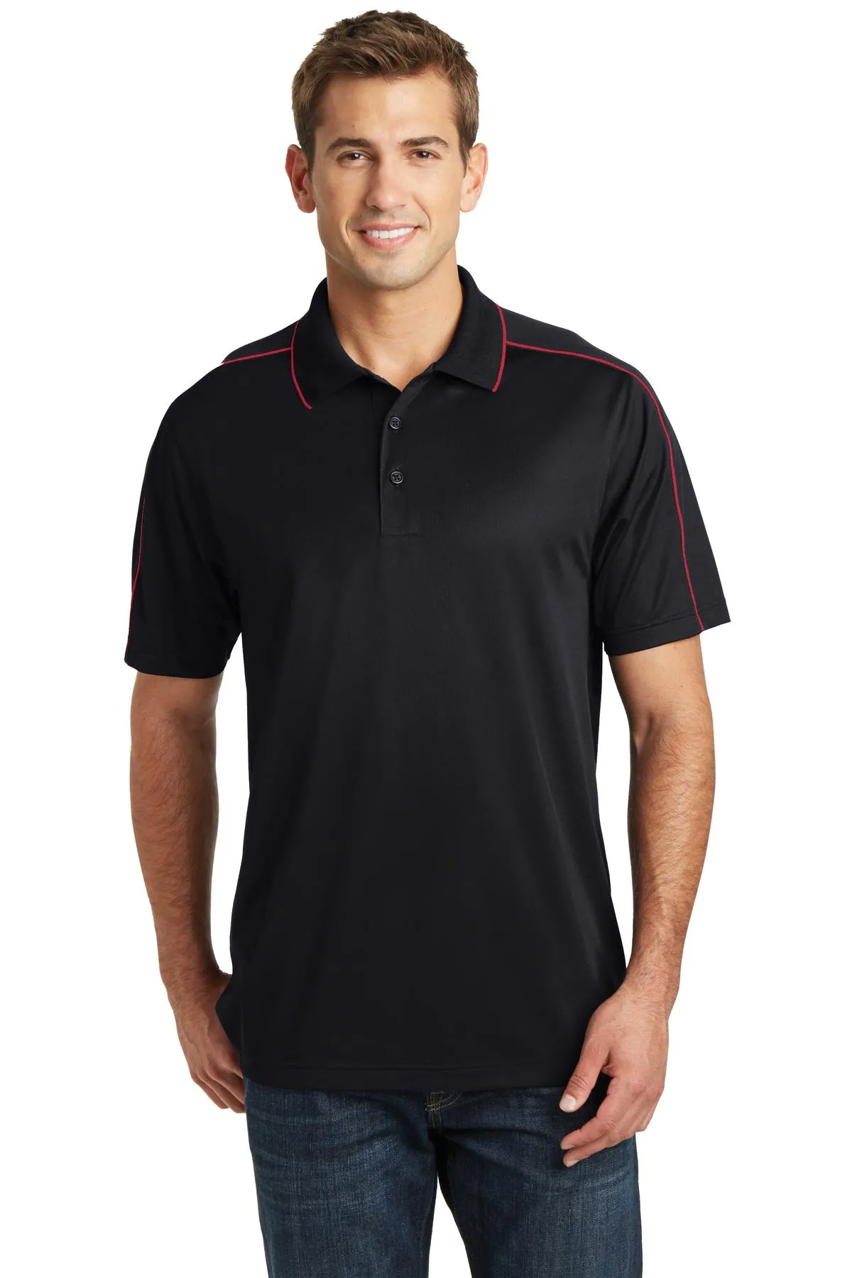 Sport-Tek Micropique Sport-Wick Piped Polo. ST653 Black/ True Red