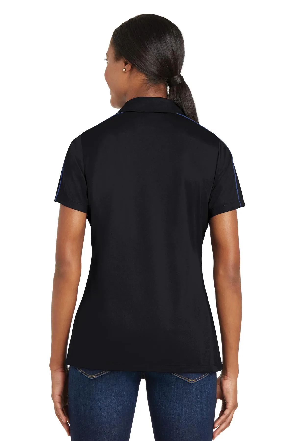 Sport-Tek Women's Micropique Sport-Wick Piped Polo. LST653 Black/ True Royal
