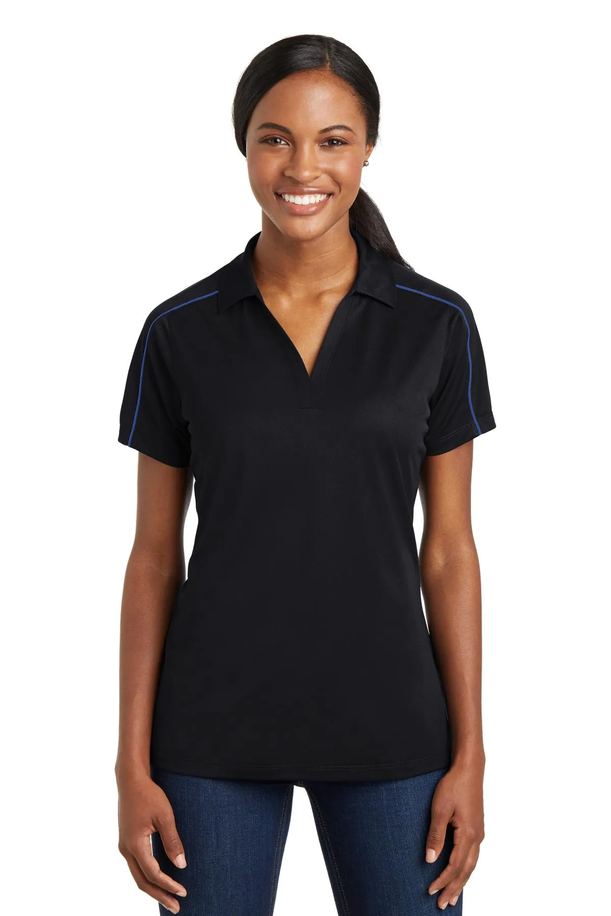 Sport-Tek Women's Micropique Sport-Wick Piped Polo. LST653 Black/ True Royal