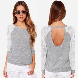 Spring Autumn Women Sweatshirts Backless Embroidery Lace Casual Hoodies Long Sleeve Sweatshirts Ladies