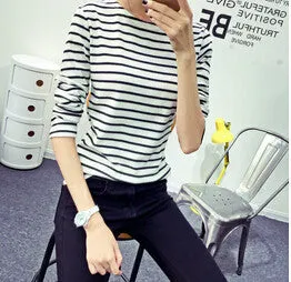 Spring Harajuku Women Striped Pirnt T Shirt Tops Casual Slim Style Long Sleeve Bottoming Shirt Pullovers Plus Size M-XXL