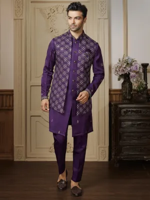 Stunning Wine Embroidered Three Piece Indo Western Set
