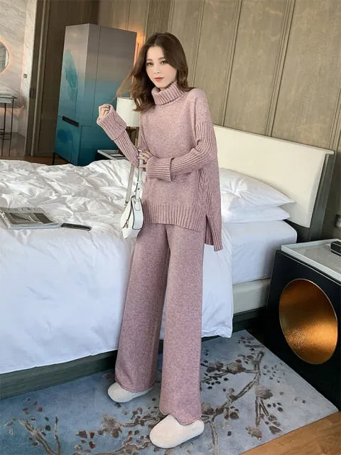 Sweater set women tracksuit spring autumn knitted suits 2 piece set warm turtleneck sweater pullovers wide legs pants