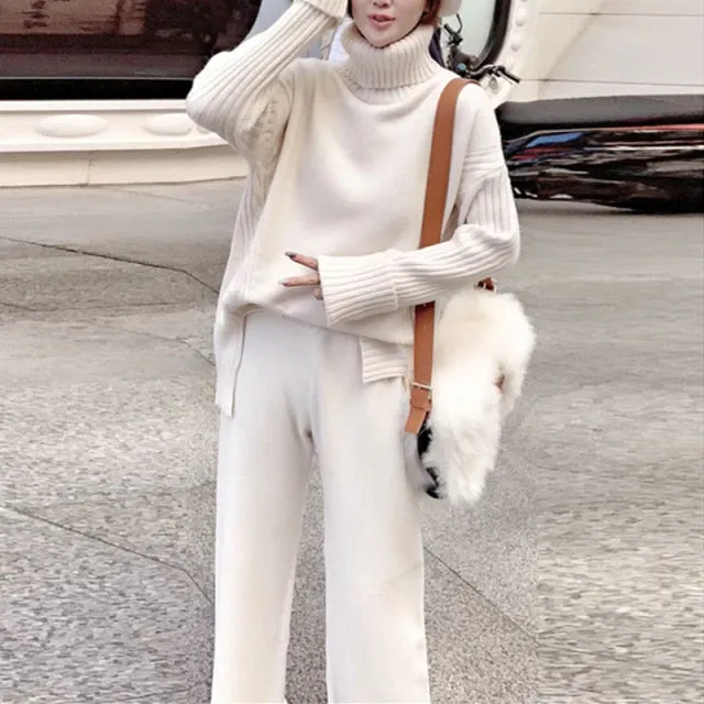 Sweater set women tracksuit spring autumn knitted suits 2 piece set warm turtleneck sweater pullovers wide legs pants