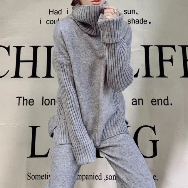Sweater set women tracksuit spring autumn knitted suits 2 piece set warm turtleneck sweater pullovers wide legs pants