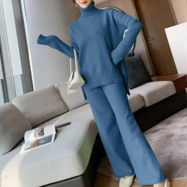 Sweater set women tracksuit spring autumn knitted suits 2 piece set warm turtleneck sweater pullovers wide legs pants