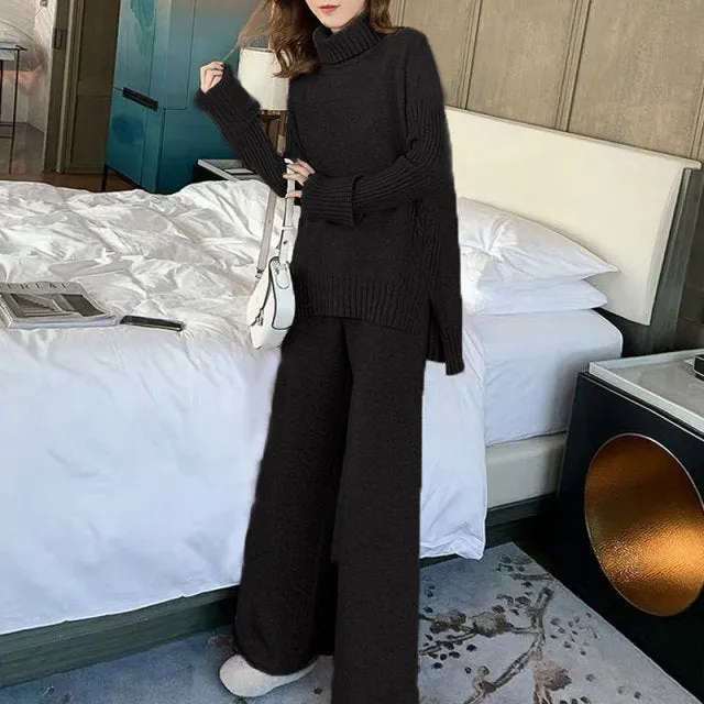 Sweater set women tracksuit spring autumn knitted suits 2 piece set warm turtleneck sweater pullovers wide legs pants