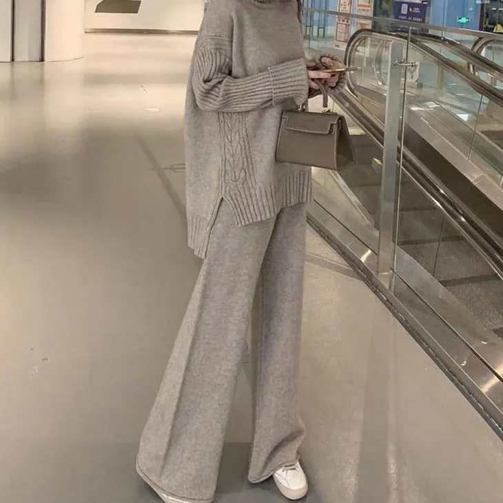 Sweater set women tracksuit spring autumn knitted suits 2 piece set warm turtleneck sweater pullovers wide legs pants