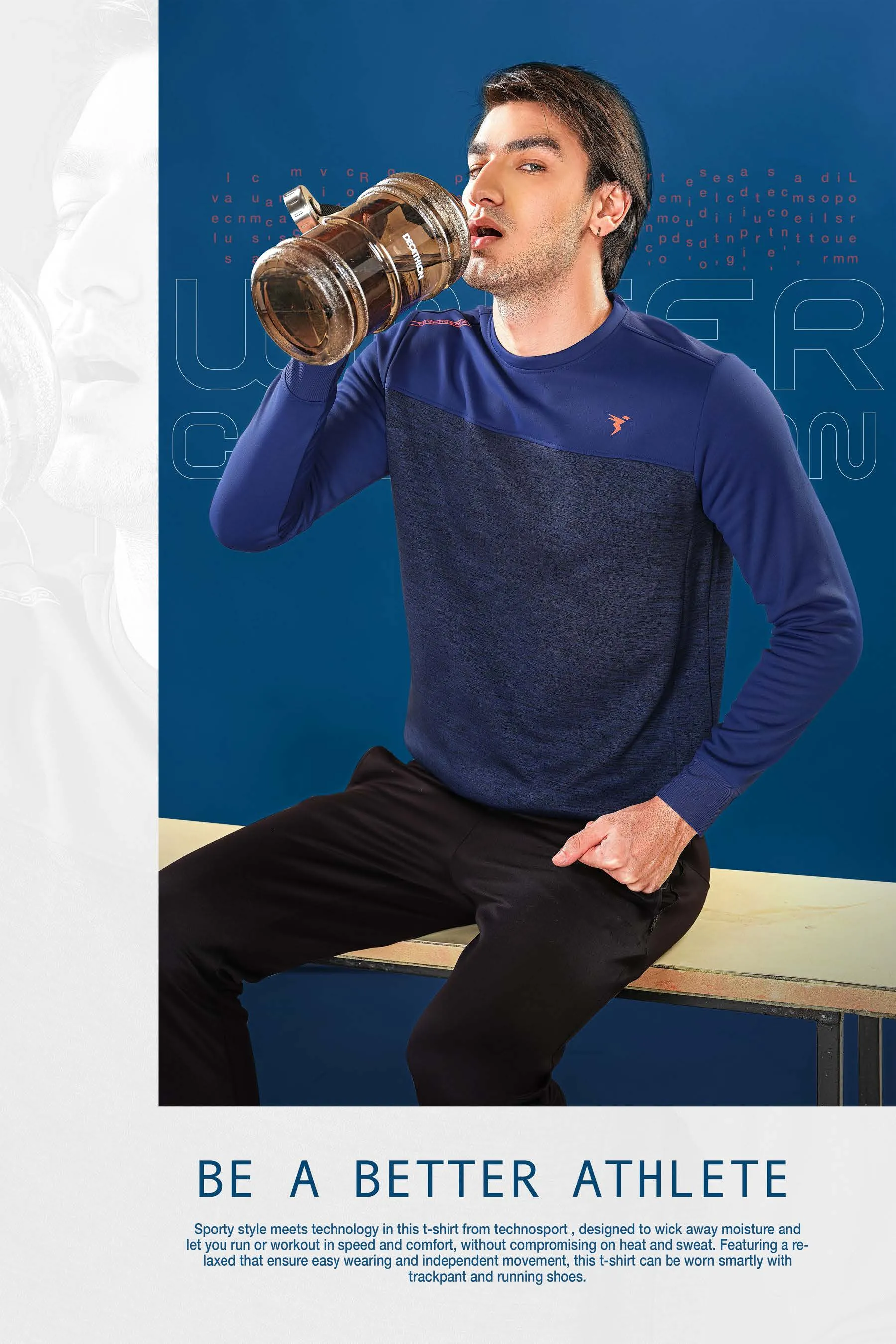 TechnoSport Crew Neck Full Sleeve Dry Fit Melange Sweatshirt for Men PL-73 (Royal Blue)