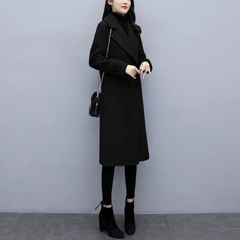 Thickening and Cotton Popular Brown Woolen Coat Women's Mid-length Korean Version Was Thin Autumn and Winter Coat