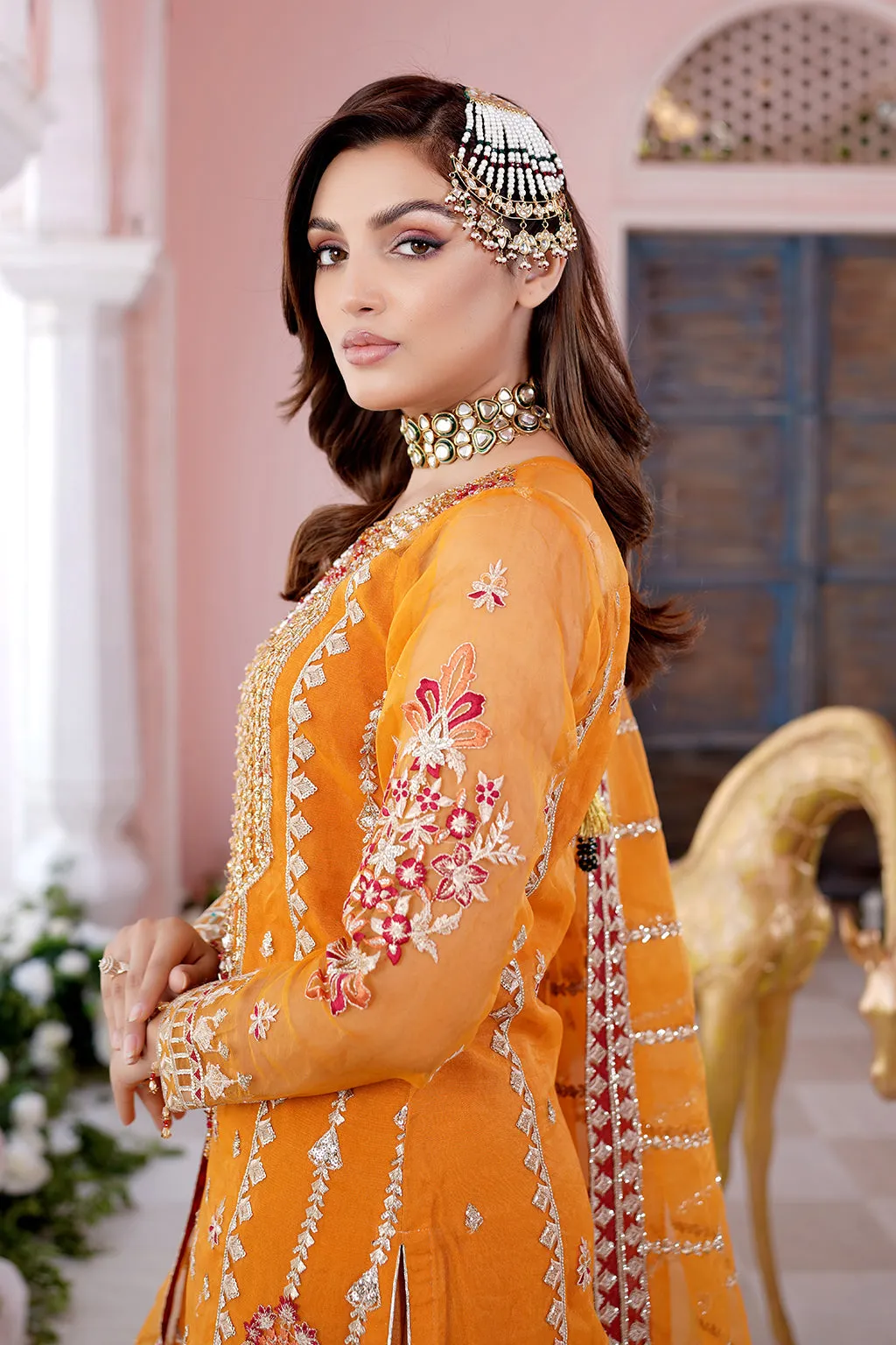 Traditional Orange Embroidered Pakistani Salwar Kameez Dupatta Suit