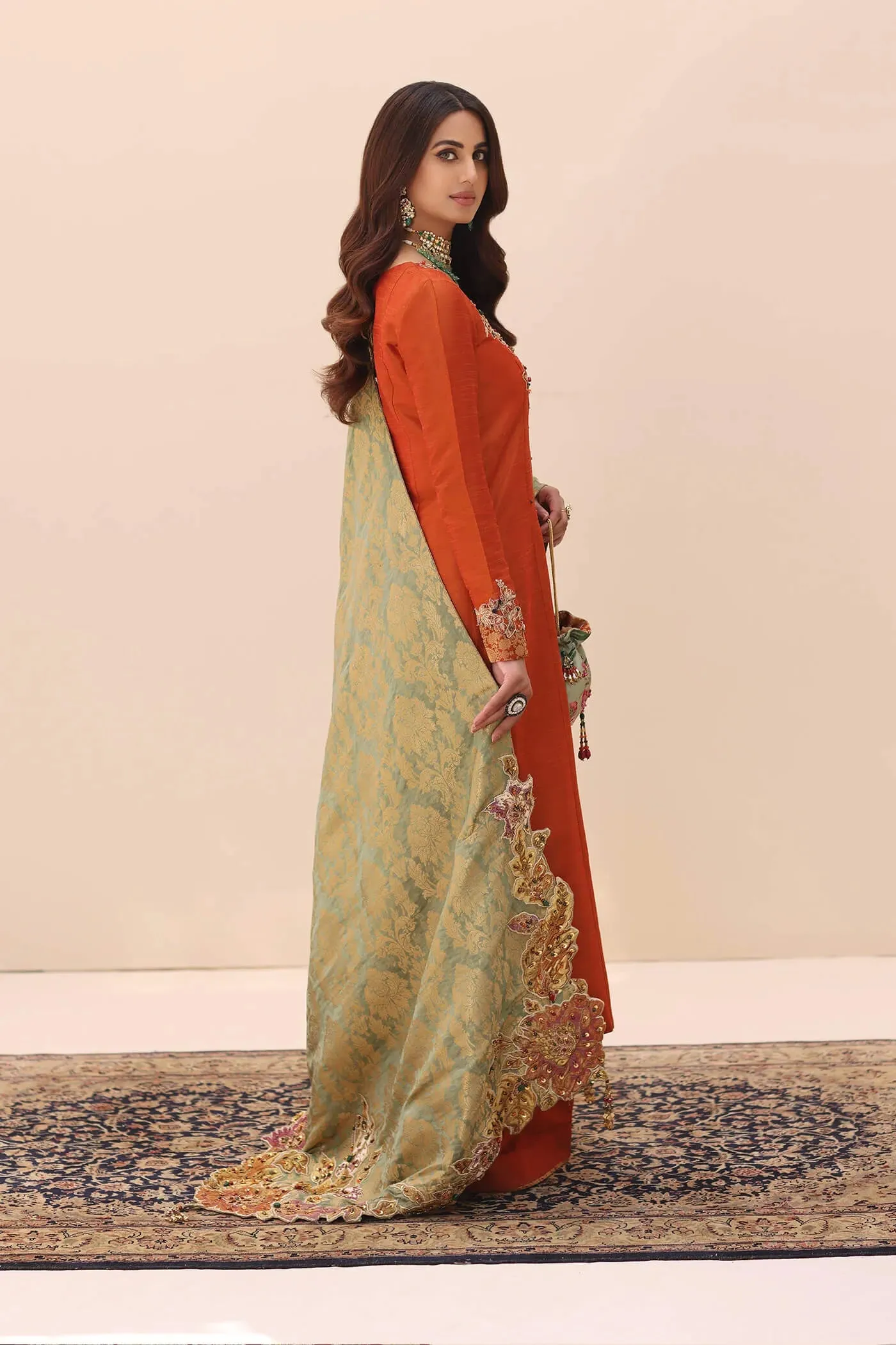 Traditional Orange Embroidered Pakistani Salwar Kameez Dupatta Suit
