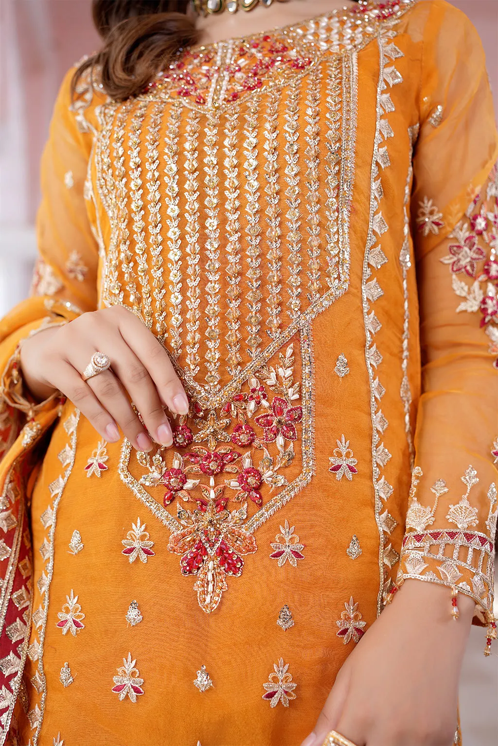Traditional Orange Embroidered Pakistani Salwar Kameez Dupatta Suit