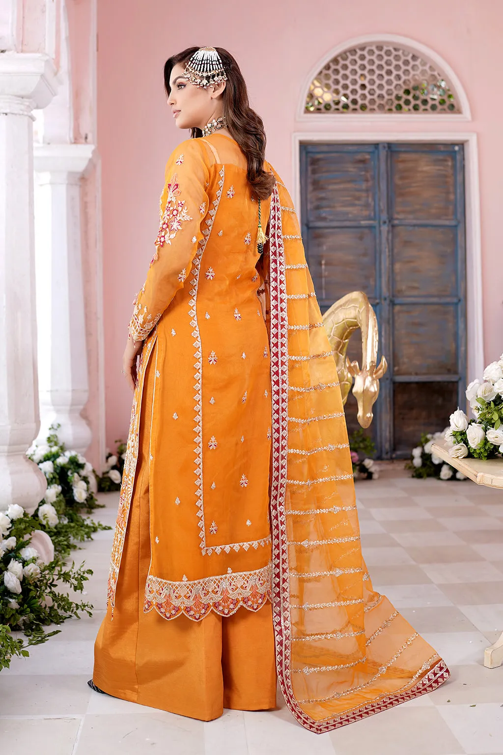 Traditional Orange Embroidered Pakistani Salwar Kameez Dupatta Suit