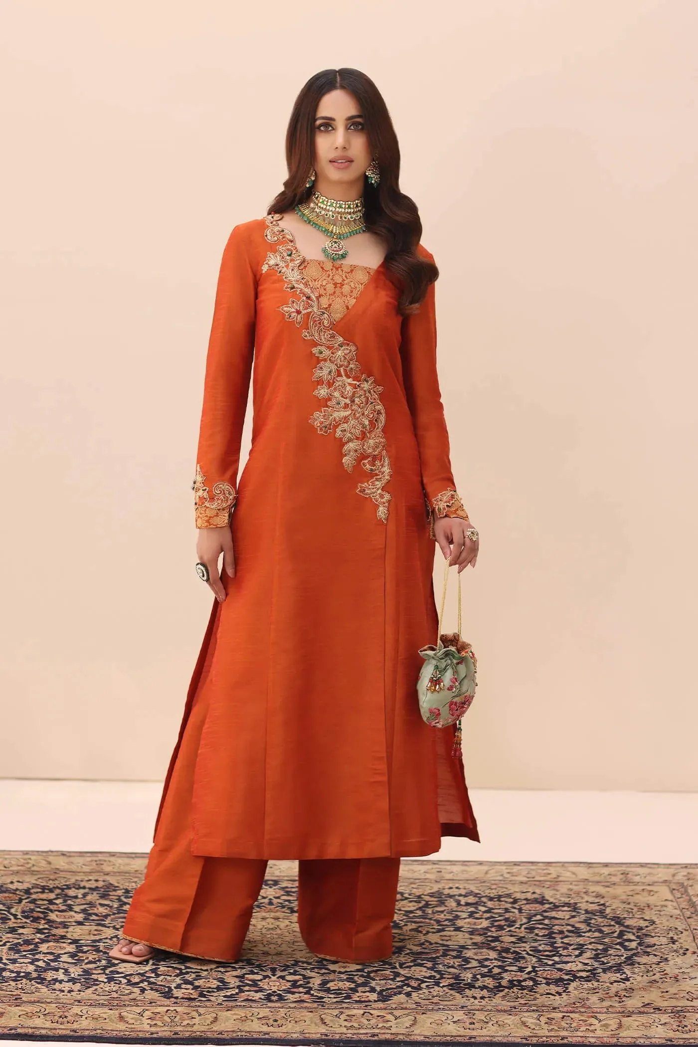 Traditional Orange Embroidered Pakistani Salwar Kameez Dupatta Suit