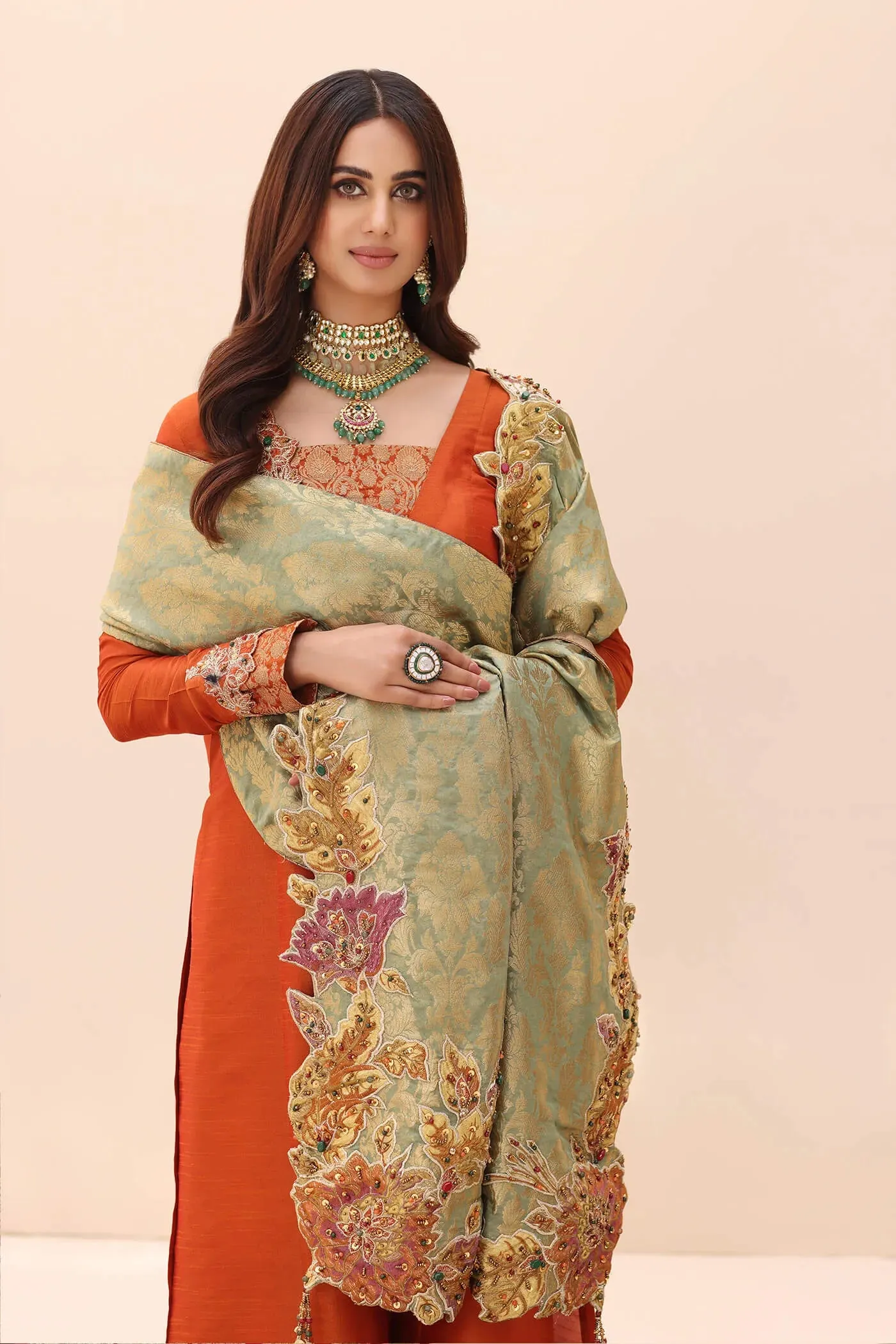 Traditional Orange Embroidered Pakistani Salwar Kameez Dupatta Suit