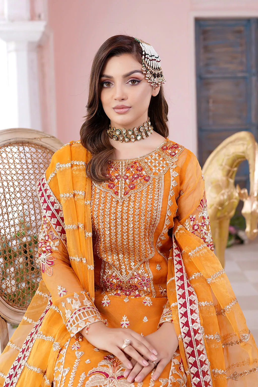 Traditional Orange Embroidered Pakistani Salwar Kameez Dupatta Suit